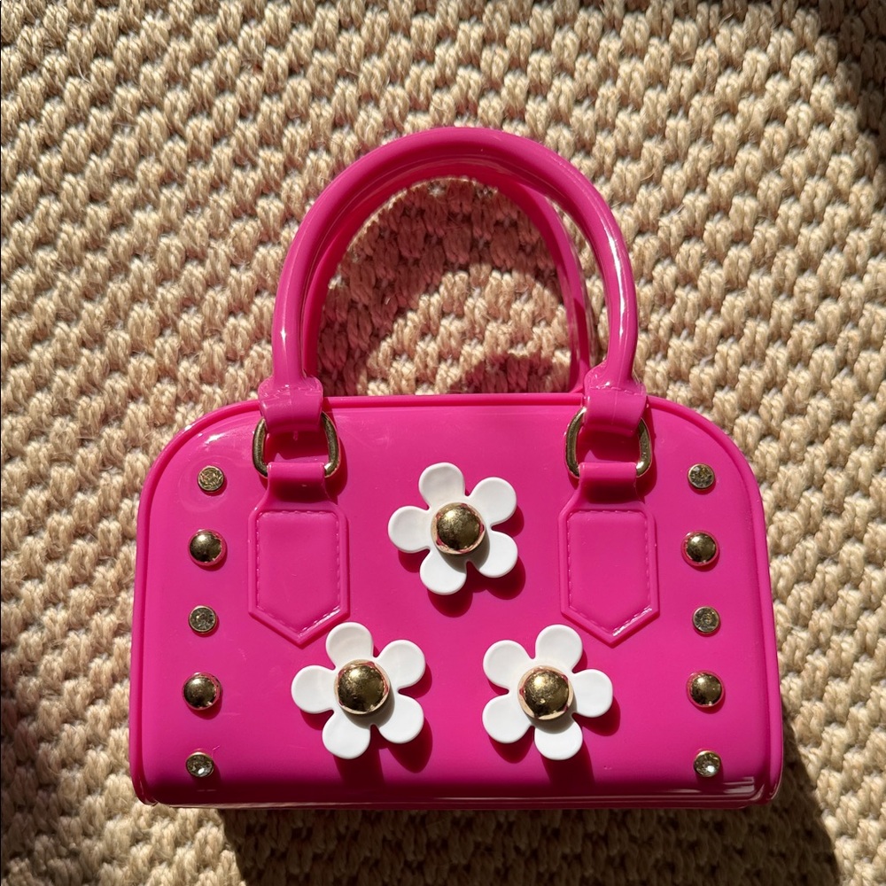For A Dear Girls Kids Hot Fushia Pink Floral Tote Jelly Bag with Gold Accents